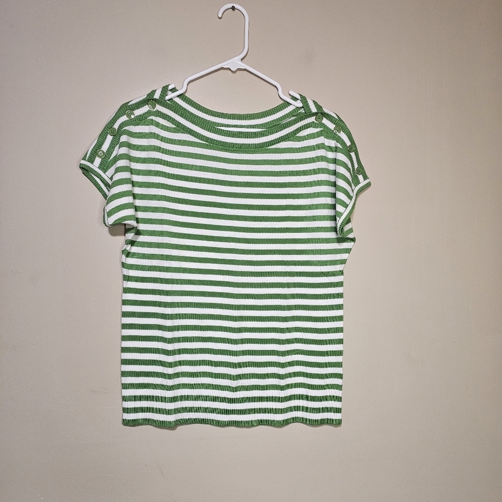 Talbots Petites Short Sleeve Knit Top Striped Women's Size MP Green White